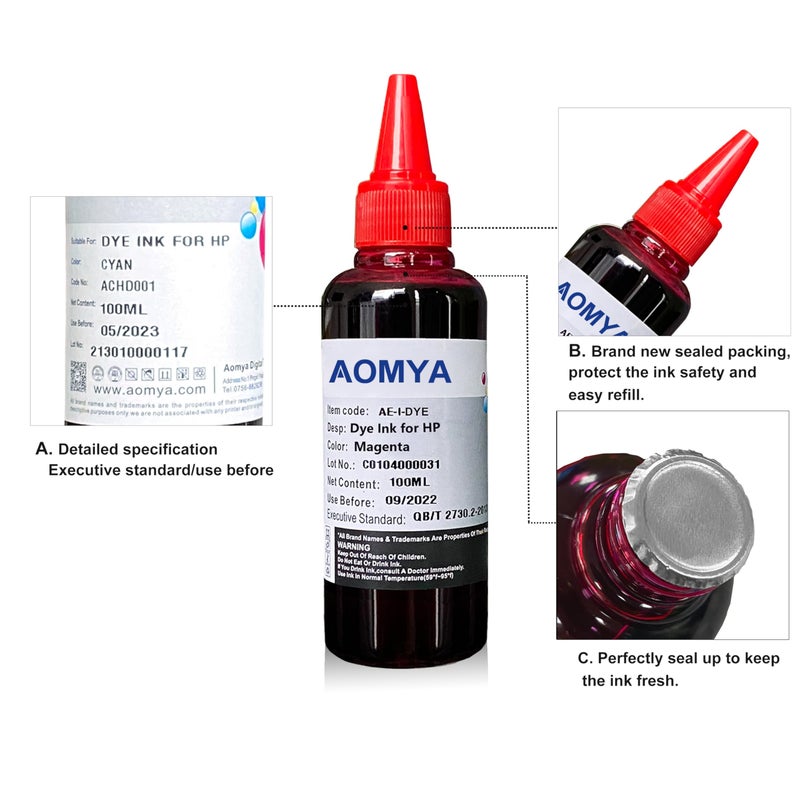 Aomya Compatible Ink Refill kit for HP 60 61 63 64 65 902 932 952 564 Refillable Ink Cartridge for HP Envy 4500 4520 5643 OfficeJet 6500a 6500 6000 (3 Black, 1 Cyan, 1 Magenta, 1 Yellow 6x100ml) - Image 2